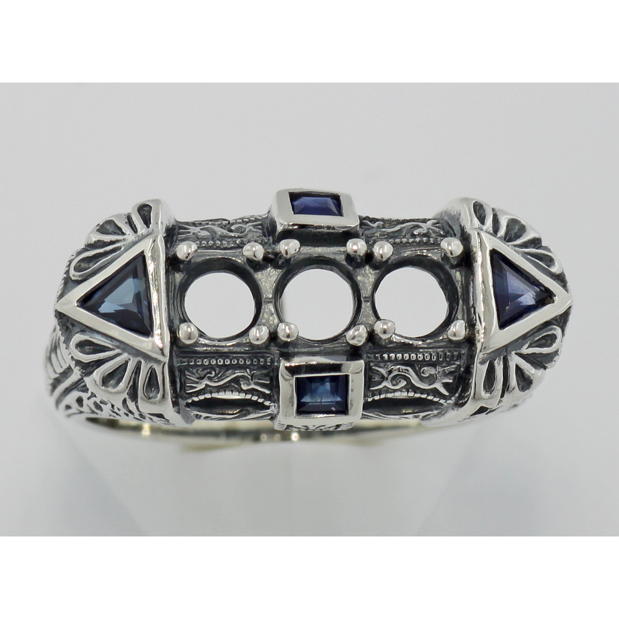 Detail view of Art Deco Style Semi Mount Ring Sapphire Accents highlighting Sapphire