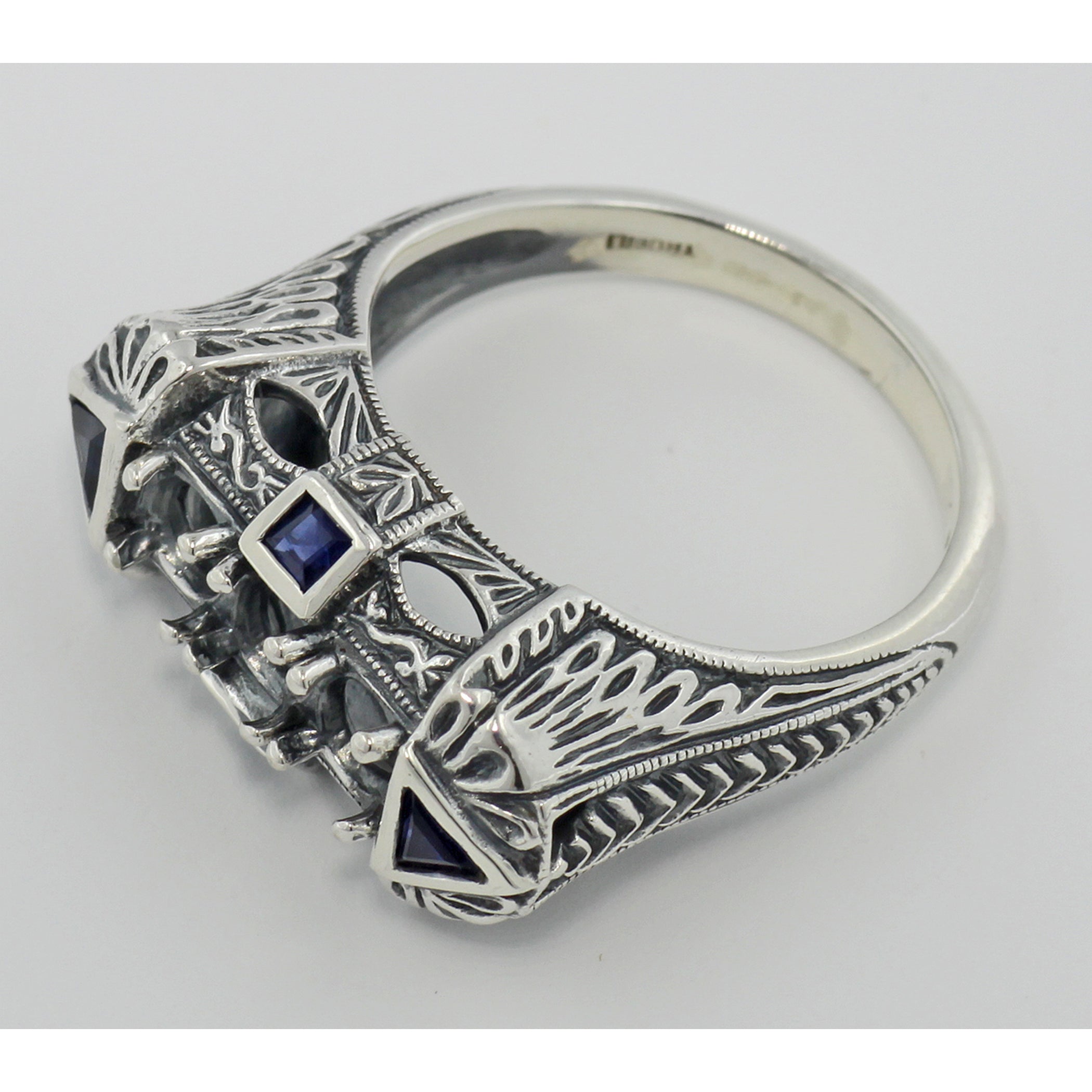 Back view of Art Deco Style Semi Mount Ring Sapphire Accents showing 925 sterling silver hallmark