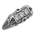 Art Deco style, White Topaz, Sapphire, sterling silver rings, front view