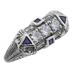 Art Deco style, White Topaz, Sapphire, sterling silver rings, front view