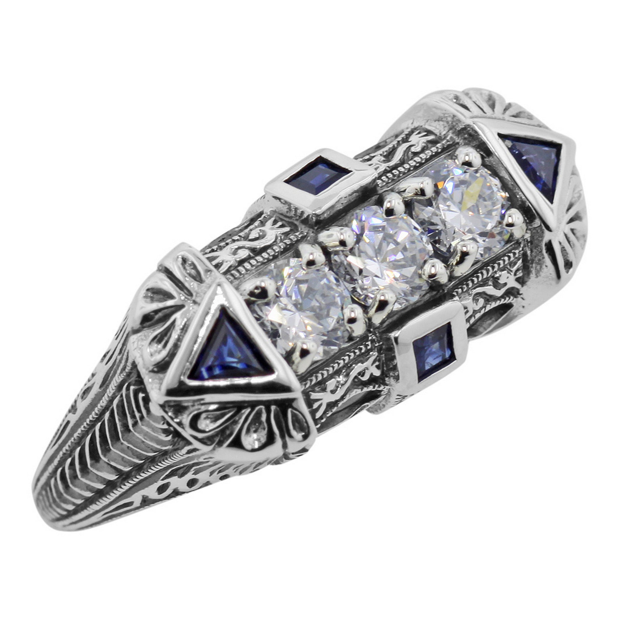 Art Deco style, White Topaz, Sapphire, sterling silver rings, front view