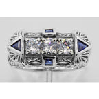 Detail view of Vintage Style Art Deco Filigree Ring Sapphires White Topaz Sterling Silver highlighting White Topaz, Sapphire