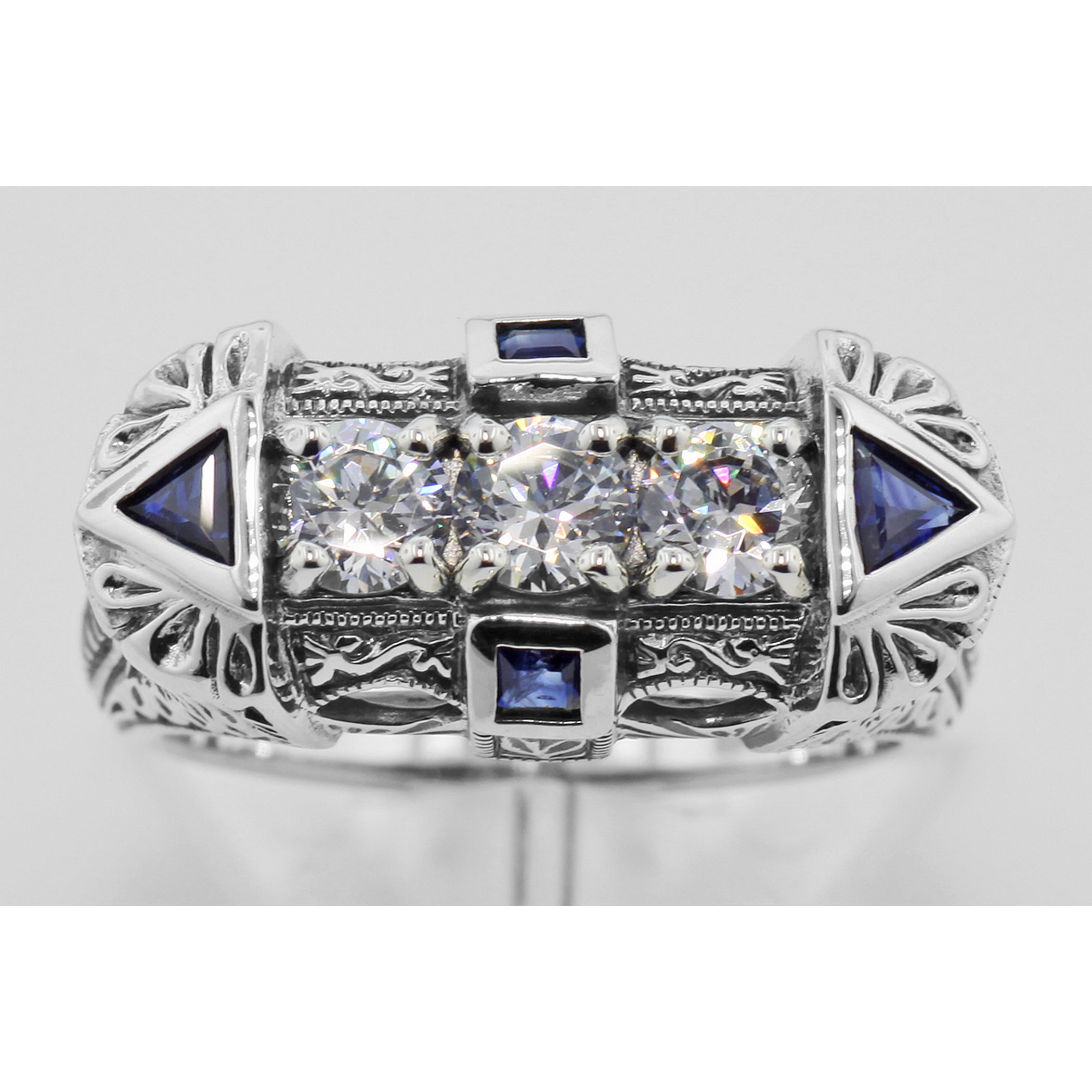 Detail view of Vintage Style Art Deco Filigree Ring Sapphires White Topaz Sterling Silver highlighting White Topaz, Sapphire