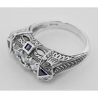 Back view of Vintage Style Art Deco Filigree Ring Sapphires White Topaz Sterling Silver showing 925 sterling silver hallmark