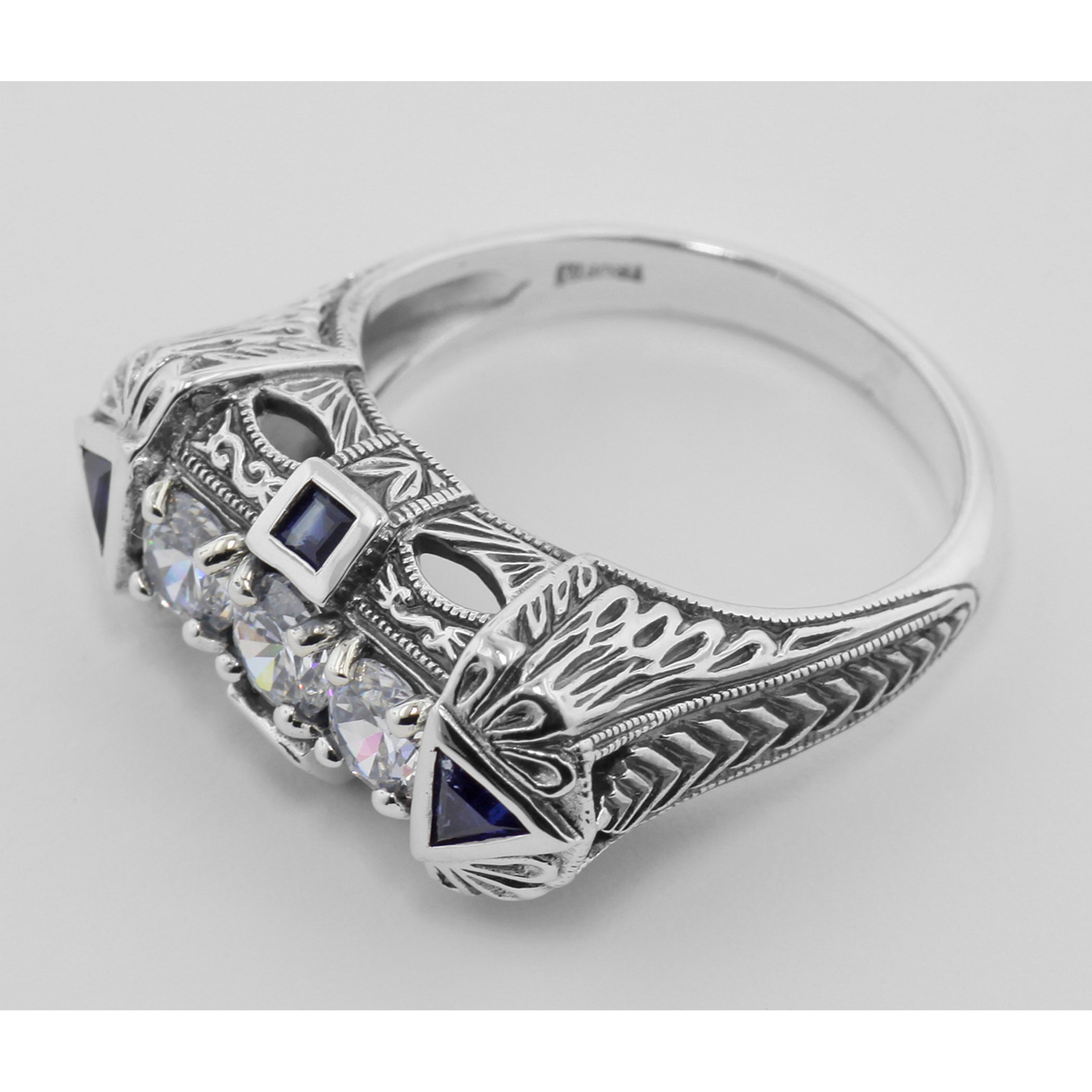 Back view of Vintage Style Art Deco Filigree Ring Sapphires White Topaz Sterling Silver showing 925 sterling silver hallmark