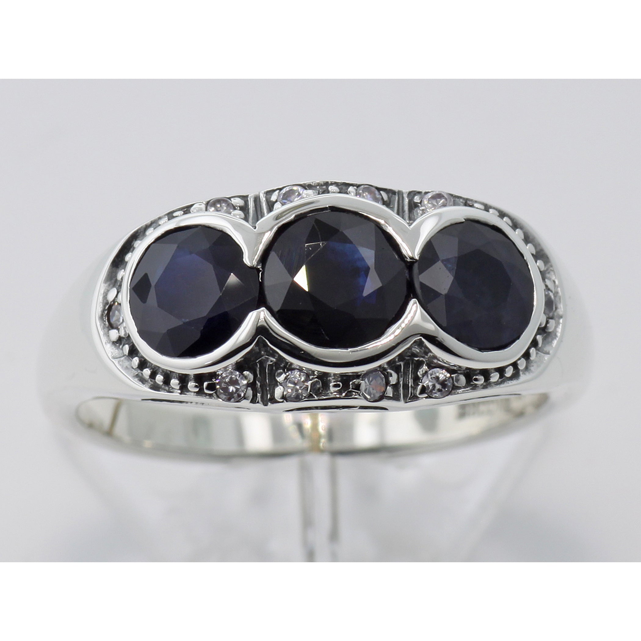 Detail view of Lovely Art Deco Style Ring w/ Sapphires Diamonds Sterling Silver highlighting Sapphire, Diamond