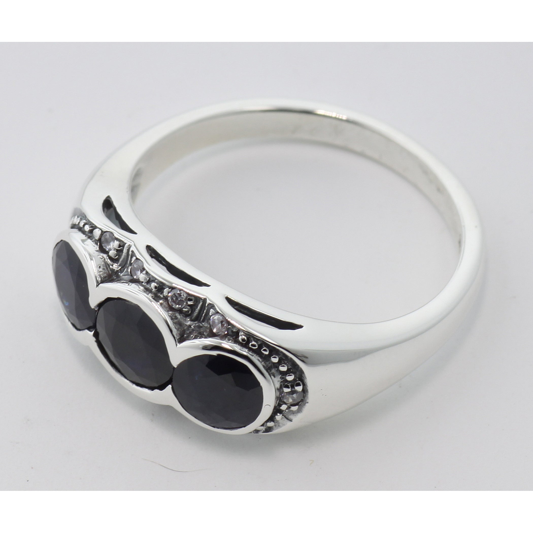 Back view of Lovely Art Deco Style Ring w/ Sapphires Diamonds Sterling Silver showing 925 sterling silver hallmark