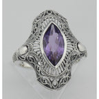 Detail view of Art Deco Style Genuine Amethyst Filigree Ring highlighting Amethyst