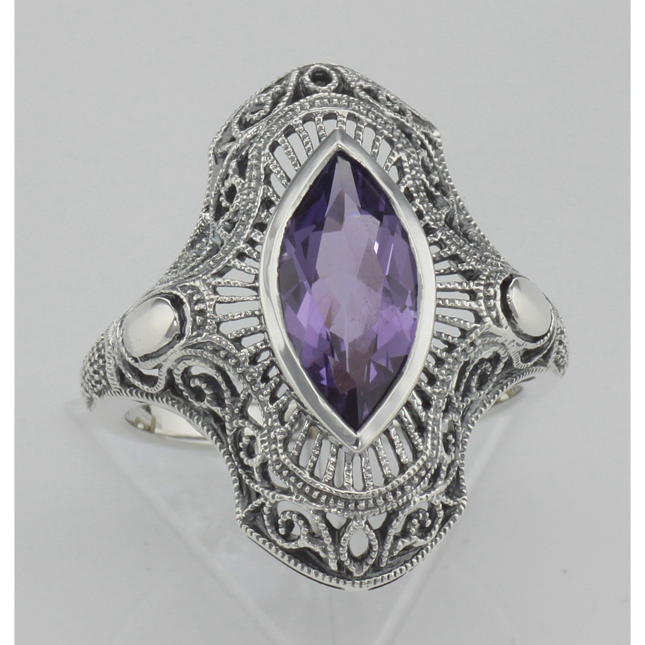 Detail view of Art Deco Style Genuine Amethyst Filigree Ring highlighting Amethyst