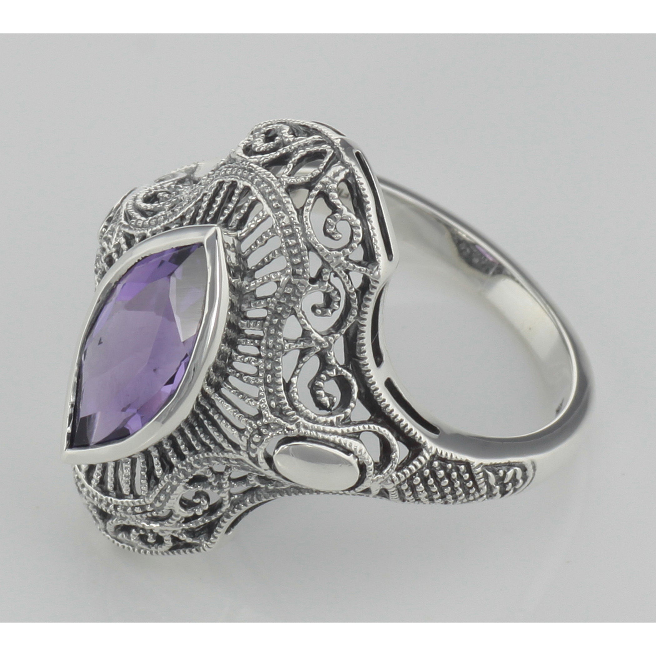Back view of Art Deco Style Genuine Amethyst Filigree Ring showing 925 sterling silver hallmark