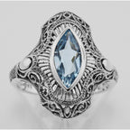 Back view of Victorian Style 1.5 Carat Blue Topaz Filigree Ring showing 925 sterling silver hallmark