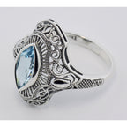 Detail view of Victorian Style 1.5 Carat Blue Topaz Filigree Ring highlighting Blue Topaz