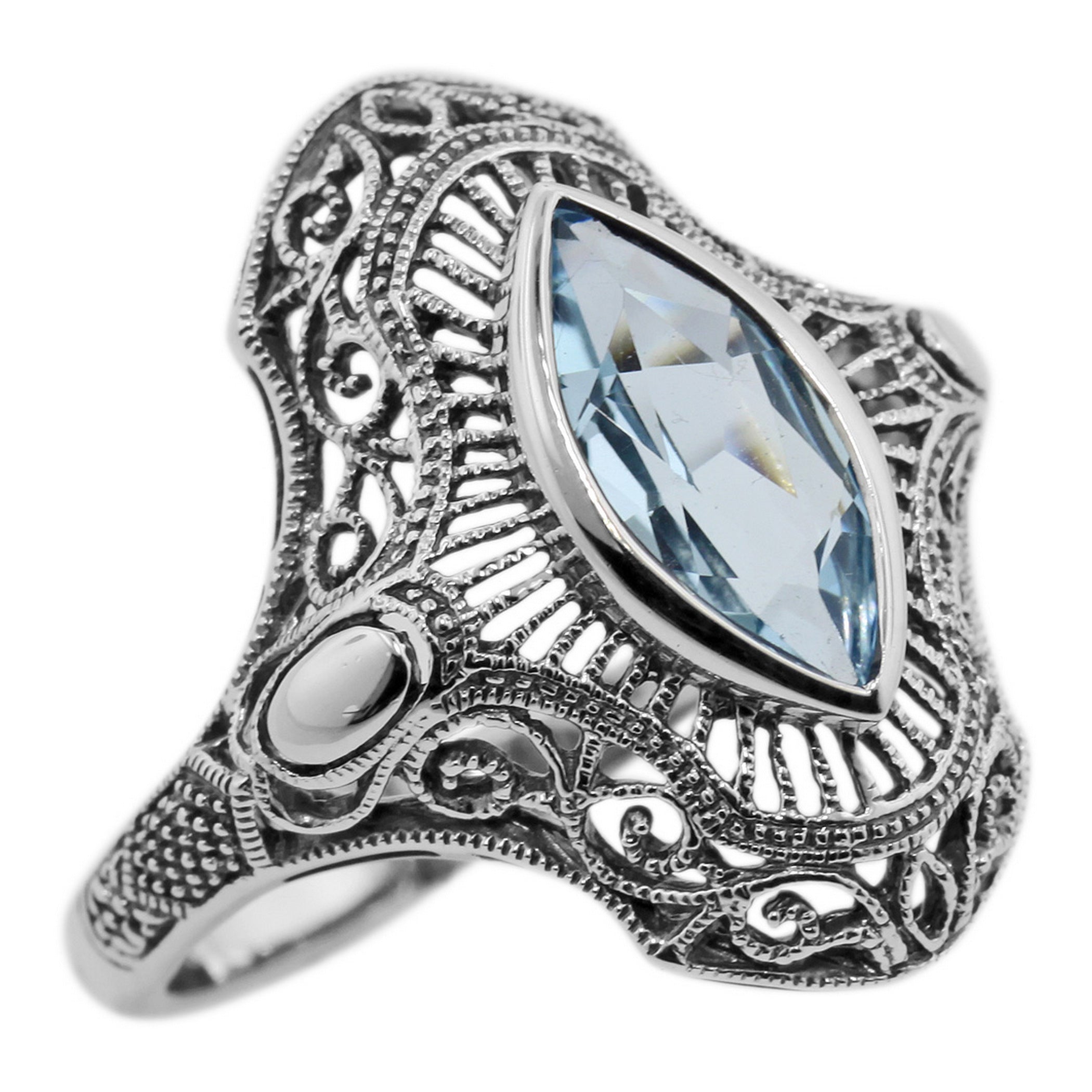Victorian style, Blue Topaz, sterling silver rings, front view