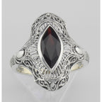 Back view of Art Deco Style Genuine Garnet Filigree Ring showing 925 sterling silver hallmark