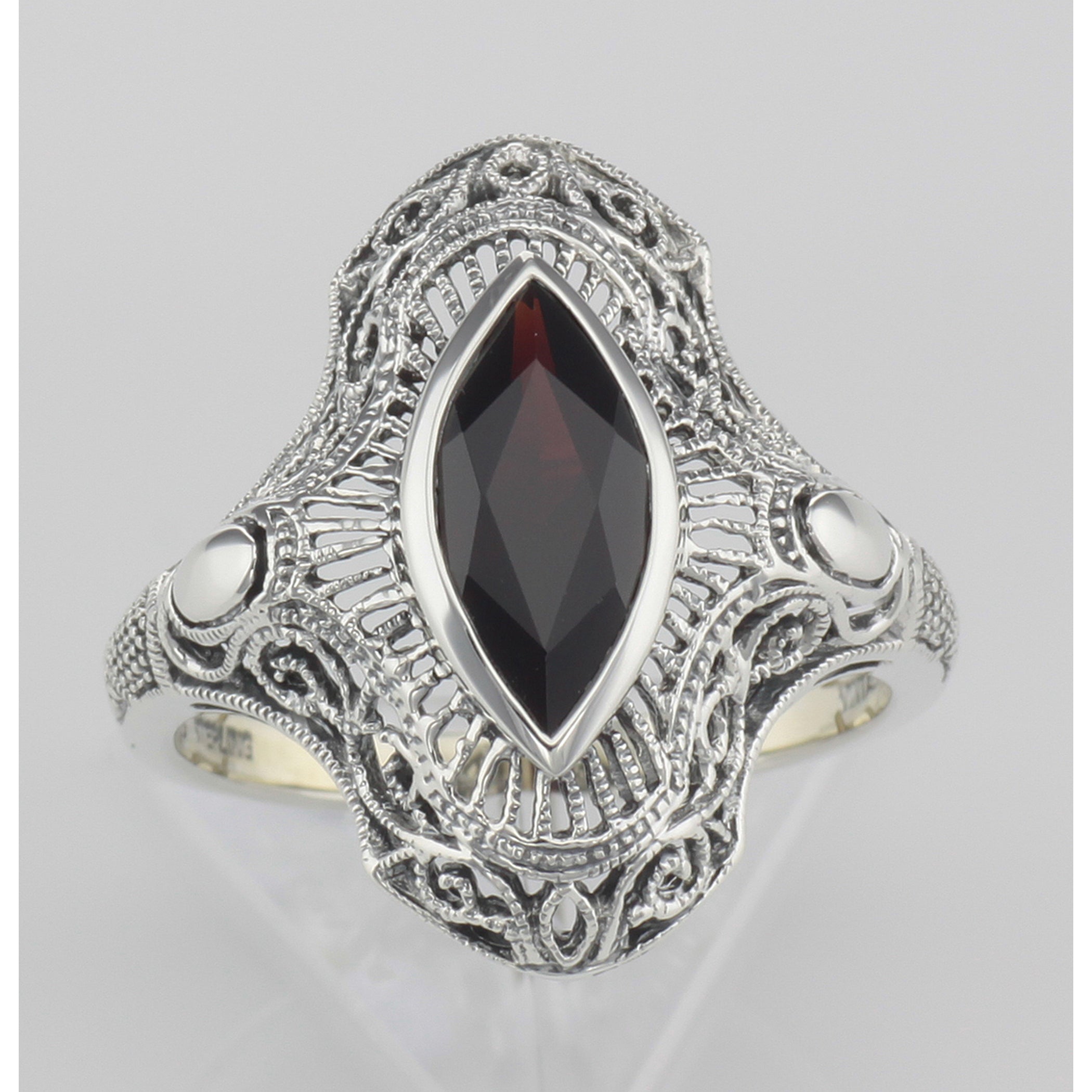 Back view of Art Deco Style Genuine Garnet Filigree Ring showing 925 sterling silver hallmark