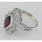 Detail view of Art Deco Style Genuine Garnet Filigree Ring highlighting Garnet