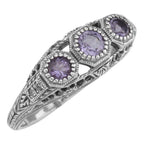 Art Deco style, Amethyst, Diamond, sterling silver rings, front view