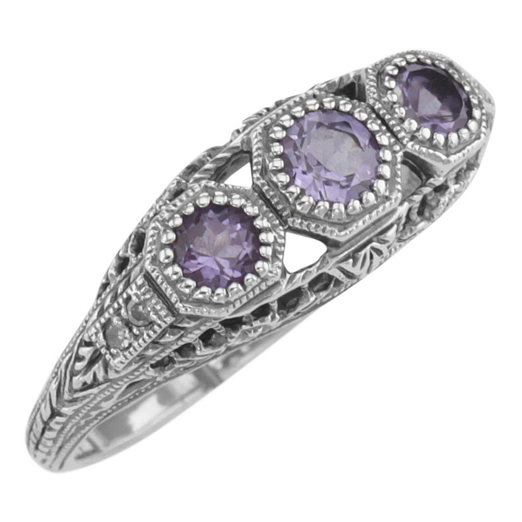 Art Deco style, Amethyst, Diamond, sterling silver rings, front view
