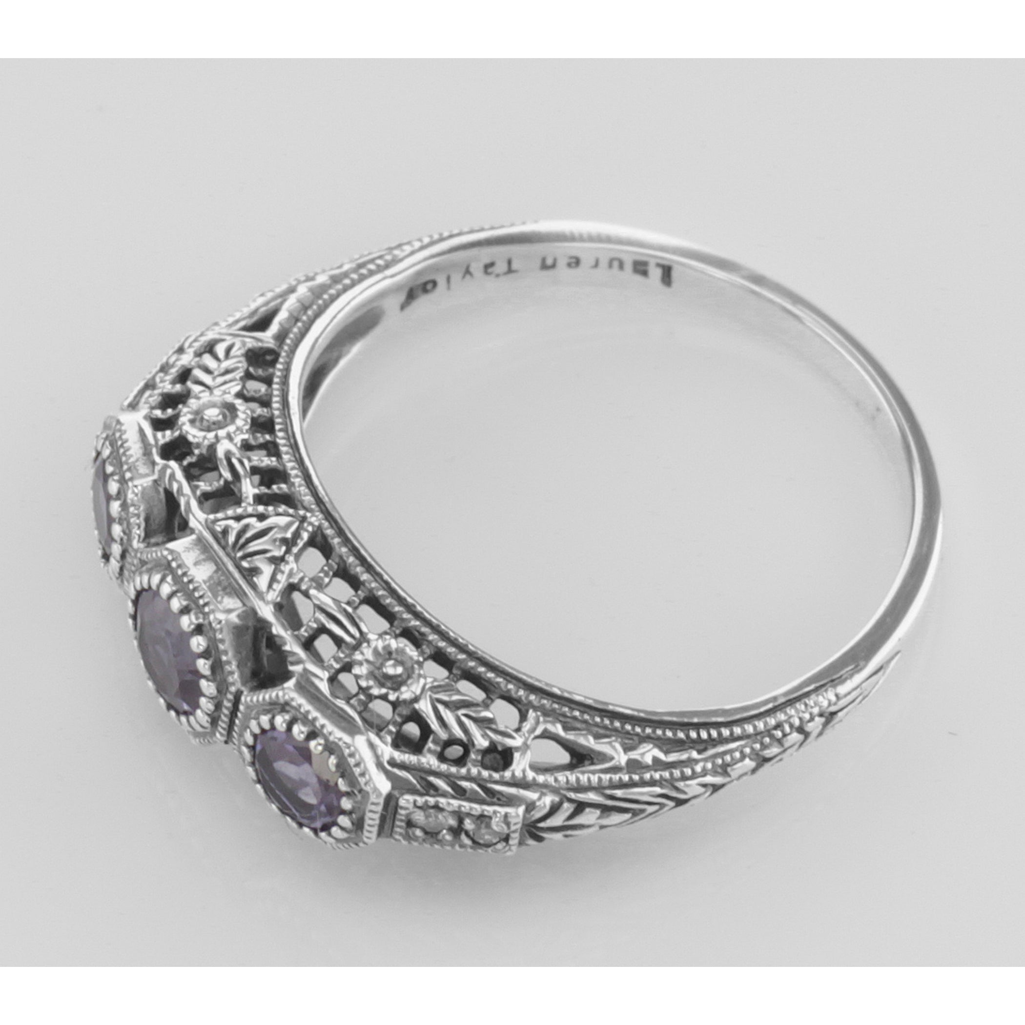 Detail view of Art Deco Style Amethyst Filigree Ring w/ 4 Diamonds highlighting Amethyst, Diamond