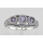 Back view of Art Deco Style Amethyst Filigree Ring w/ 4 Diamonds showing 925 sterling silver hallmark