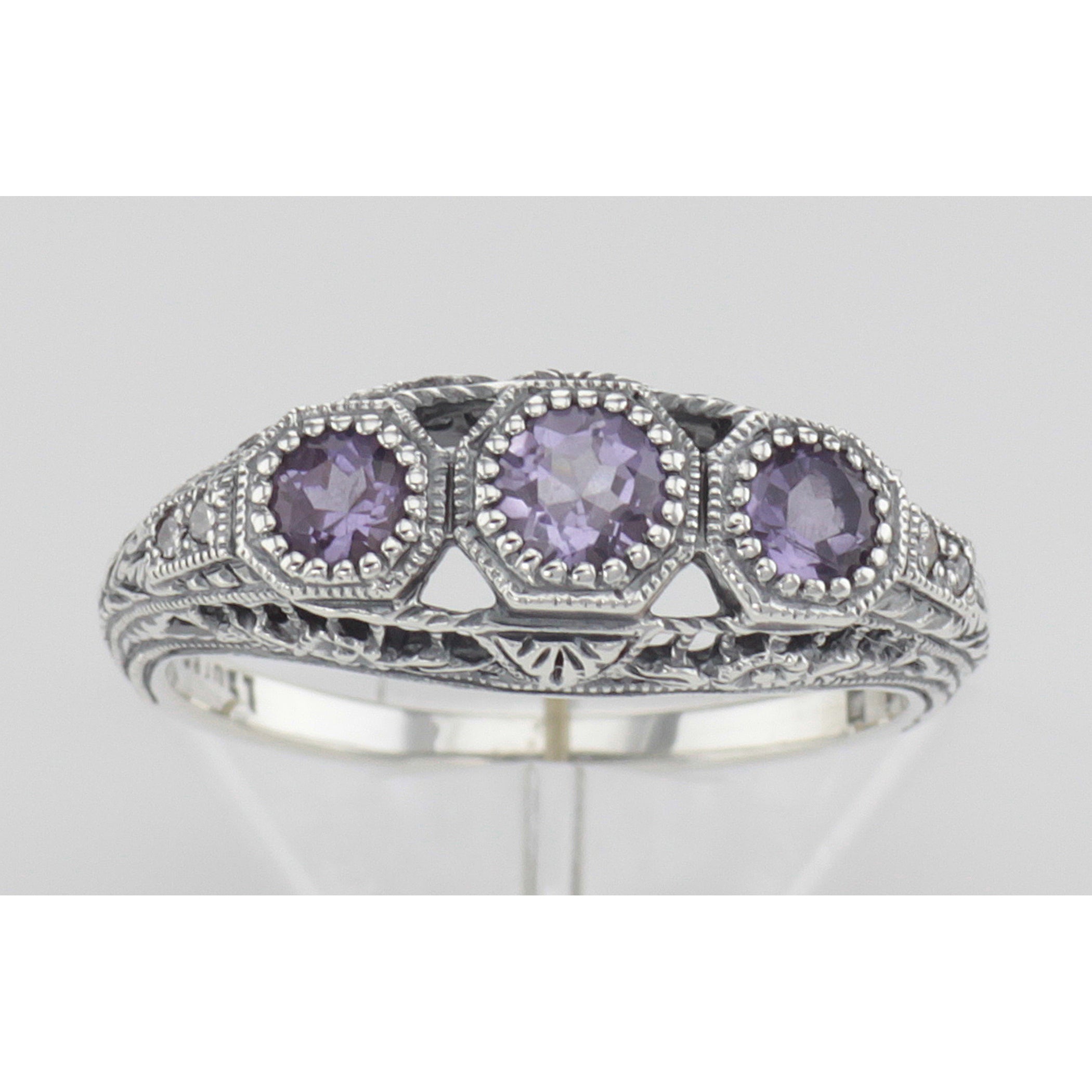Back view of Art Deco Style Amethyst Filigree Ring w/ 4 Diamonds showing 925 sterling silver hallmark