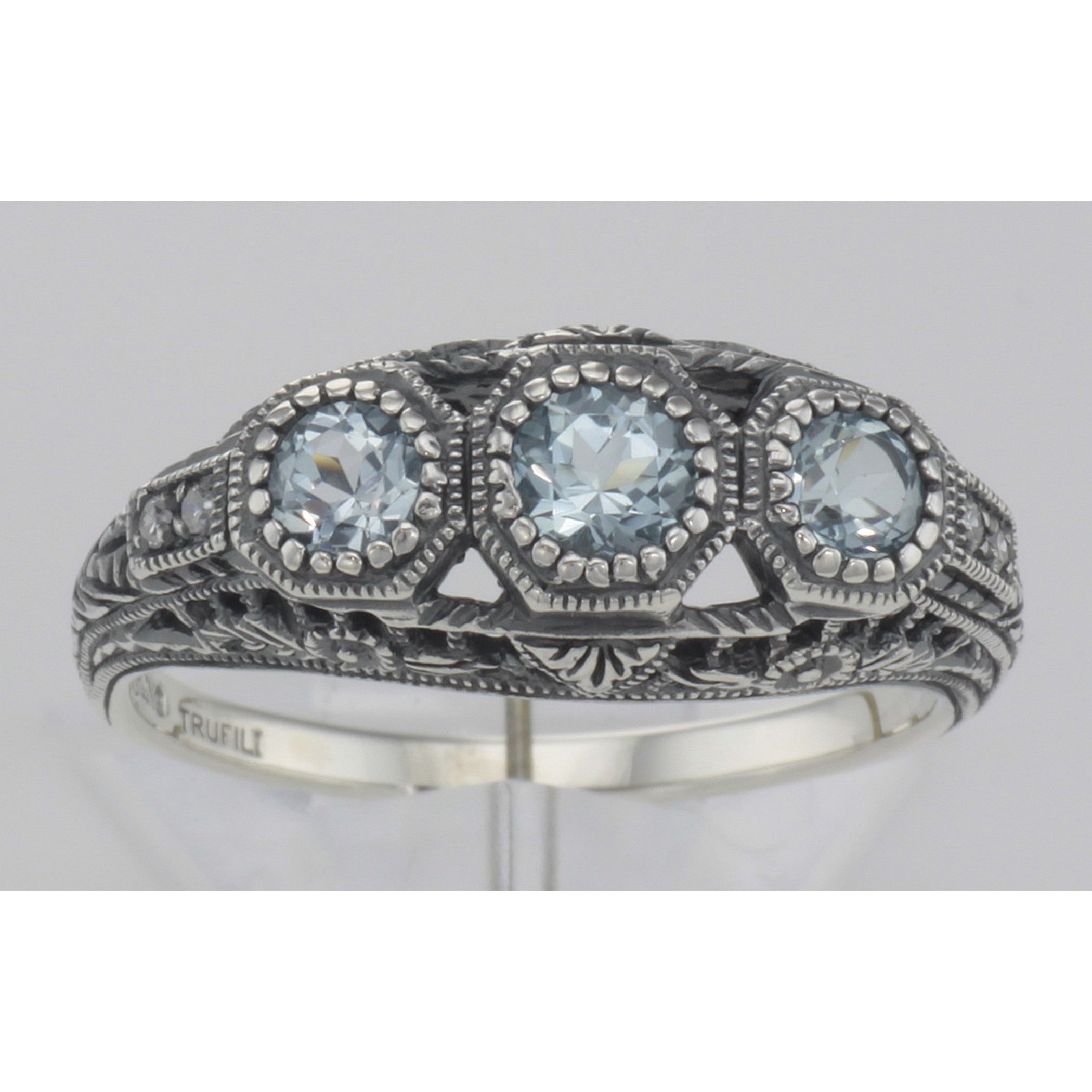 Detail view of Art Deco Style Blue Topaz Filigree Ring w/ 4 Diamonds highlighting Blue Topaz, Diamond
