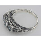 Back view of Art Deco Style Blue Topaz Filigree Ring w/ 4 Diamonds showing 925 sterling silver hallmark