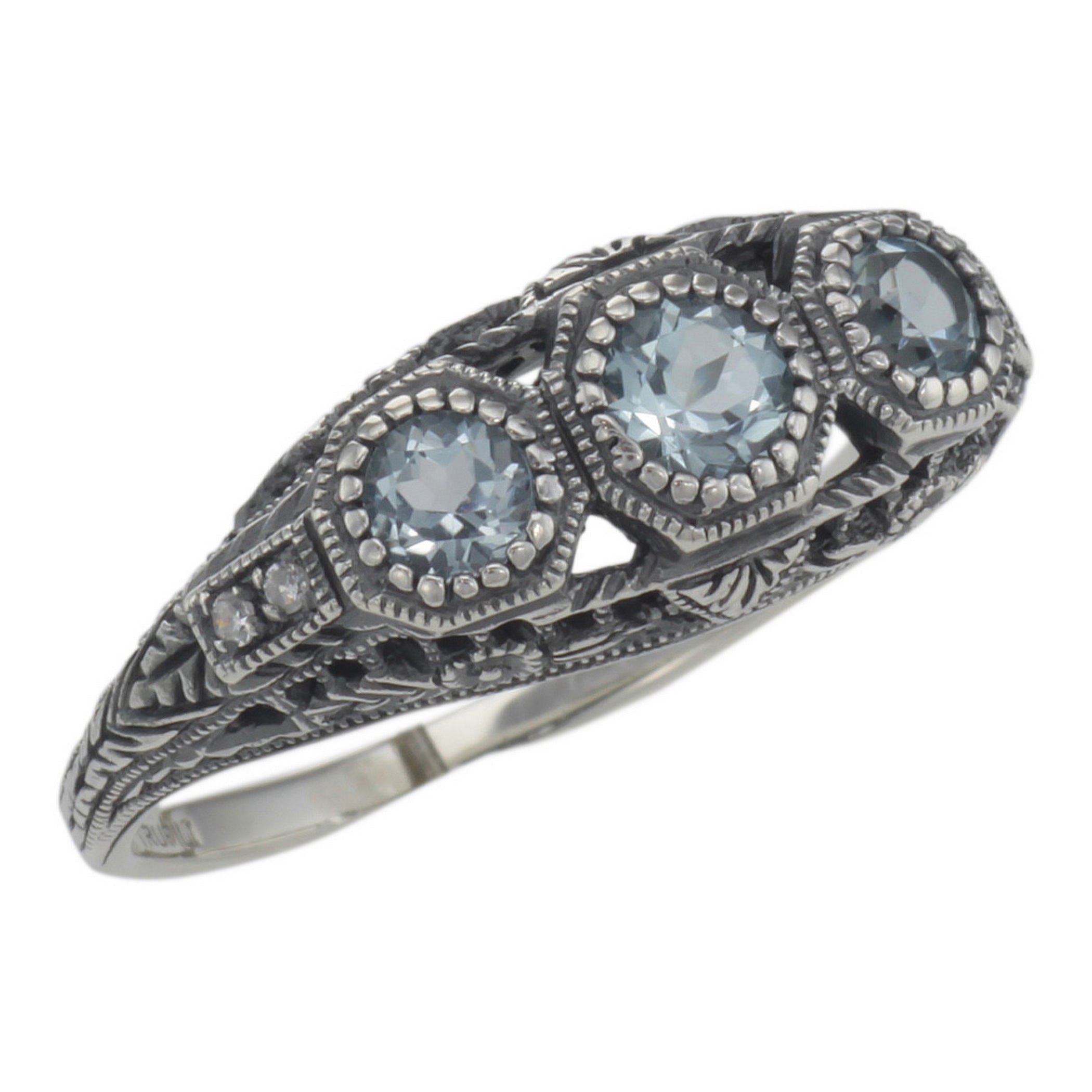 Art Deco style, Blue Topaz, Diamond, sterling silver rings, front view