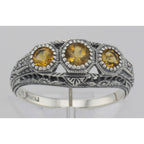 Detail view of Art Deco Style Citrine Filigree Ring w/ 4 Diamonds highlighting Citrine, Diamond