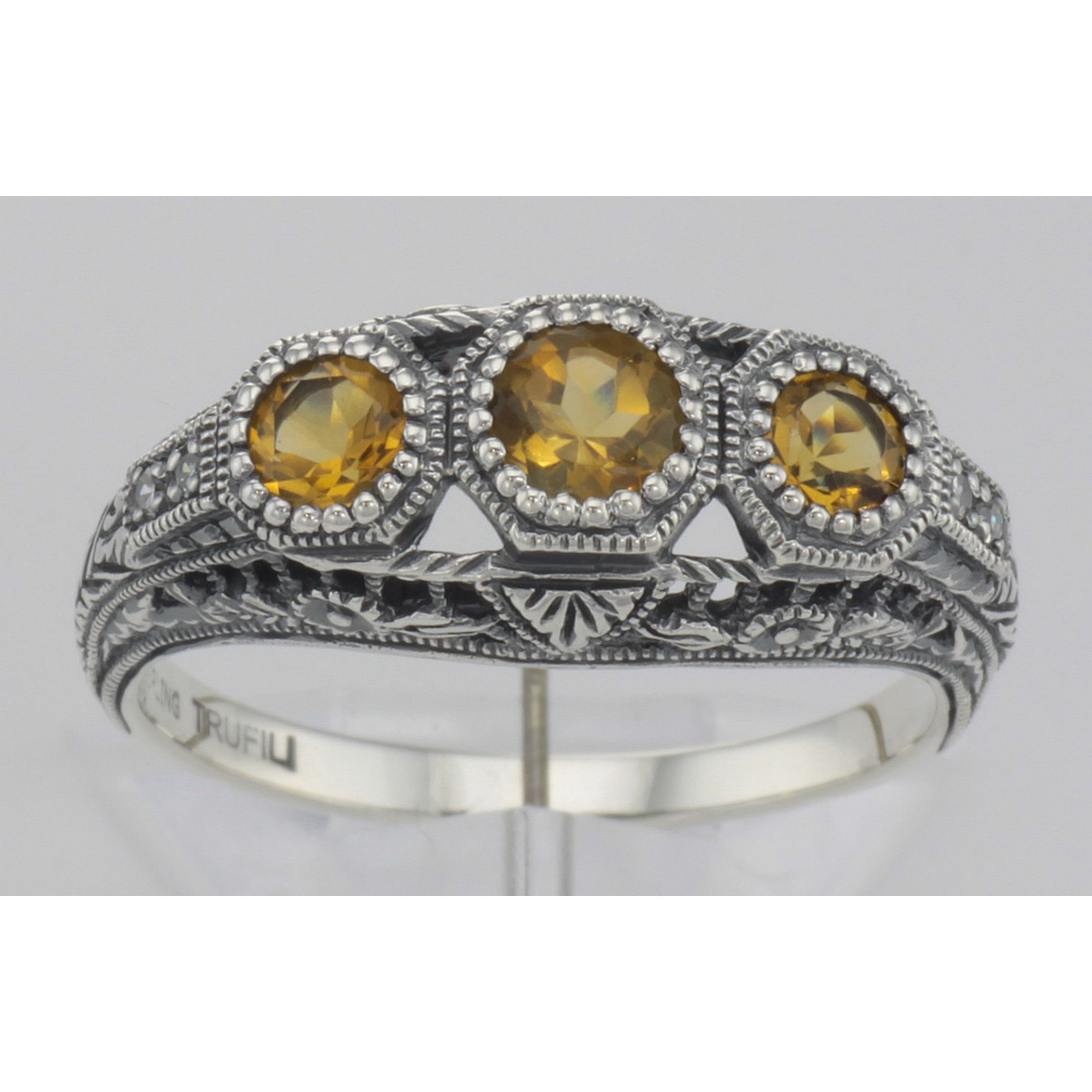 Detail view of Art Deco Style Citrine Filigree Ring w/ 4 Diamonds highlighting Citrine, Diamond