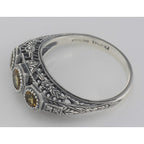 Back view of Art Deco Style Citrine Filigree Ring w/ 4 Diamonds showing 925 sterling silver hallmark