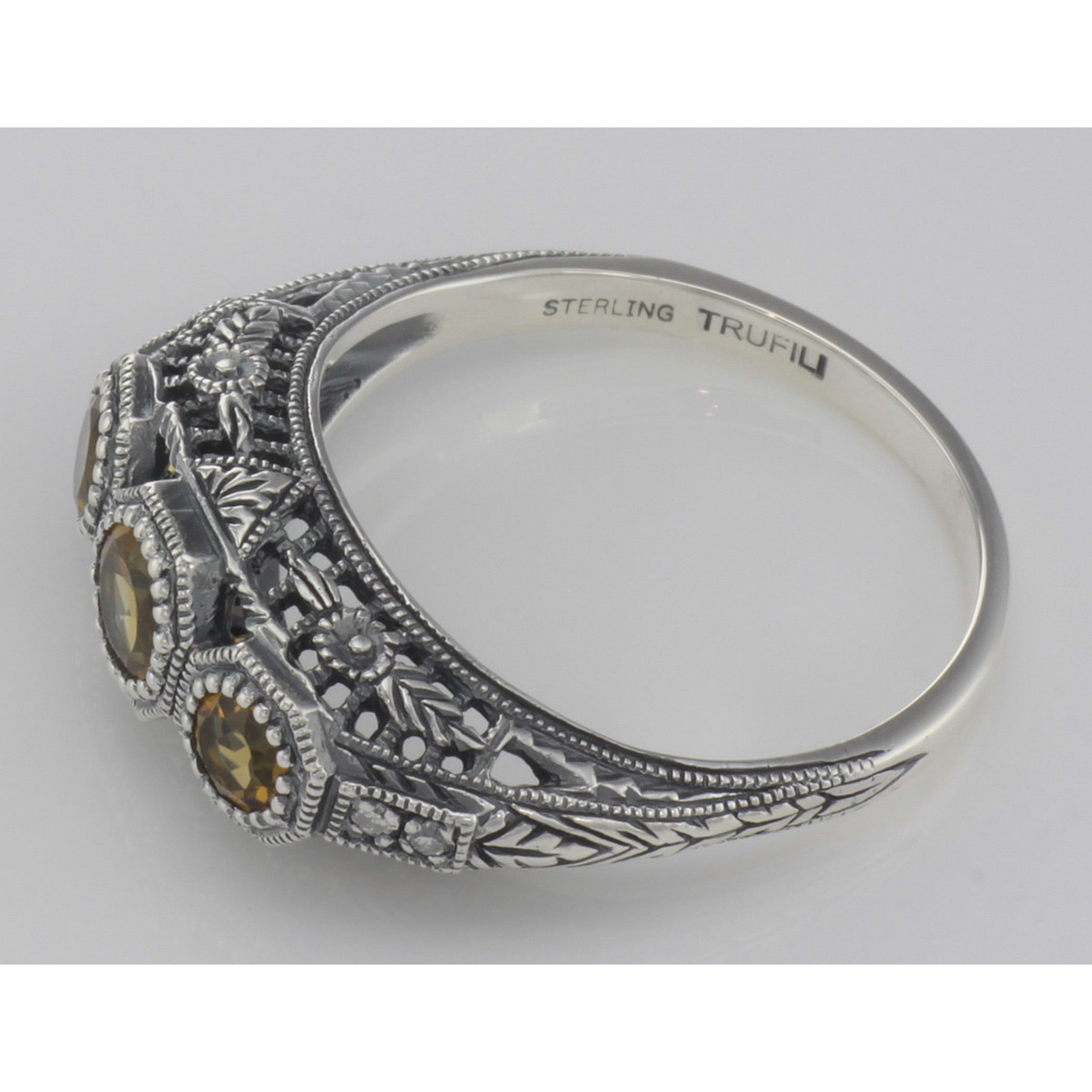 Back view of Art Deco Style Citrine Filigree Ring w/ 4 Diamonds showing 925 sterling silver hallmark