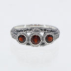 Back view of Art Deco Style Red Garnet Filigree Ring w/ 4 Diamonds showing 925 sterling silver hallmark
