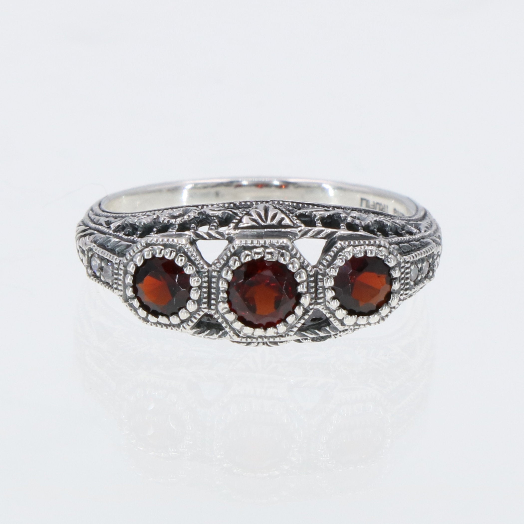 Back view of Art Deco Style Red Garnet Filigree Ring w/ 4 Diamonds showing 925 sterling silver hallmark