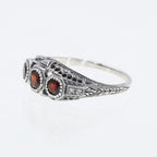 Detail view of Art Deco Style Red Garnet Filigree Ring w/ 4 Diamonds highlighting Garnet, Diamond