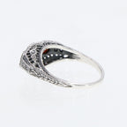 Detail view of Art Deco Style Red Garnet Filigree Ring w/ 4 Diamonds highlighting Garnet, Diamond
