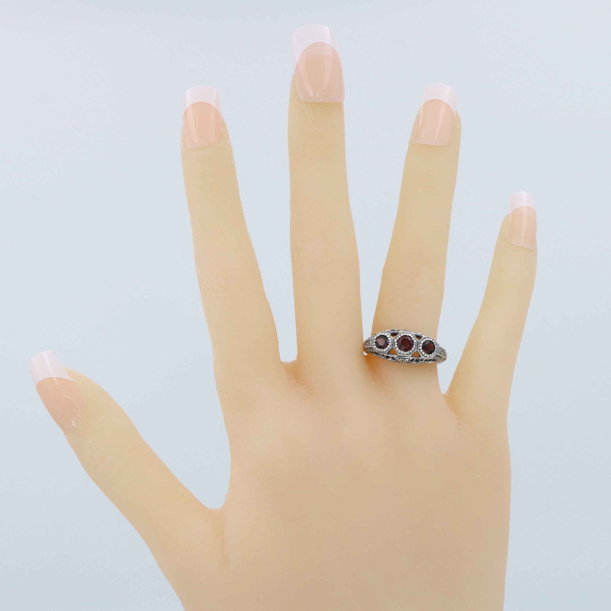 Detail view of Art Deco Style Red Garnet Filigree Ring w/ 4 Diamonds highlighting Garnet, Diamond