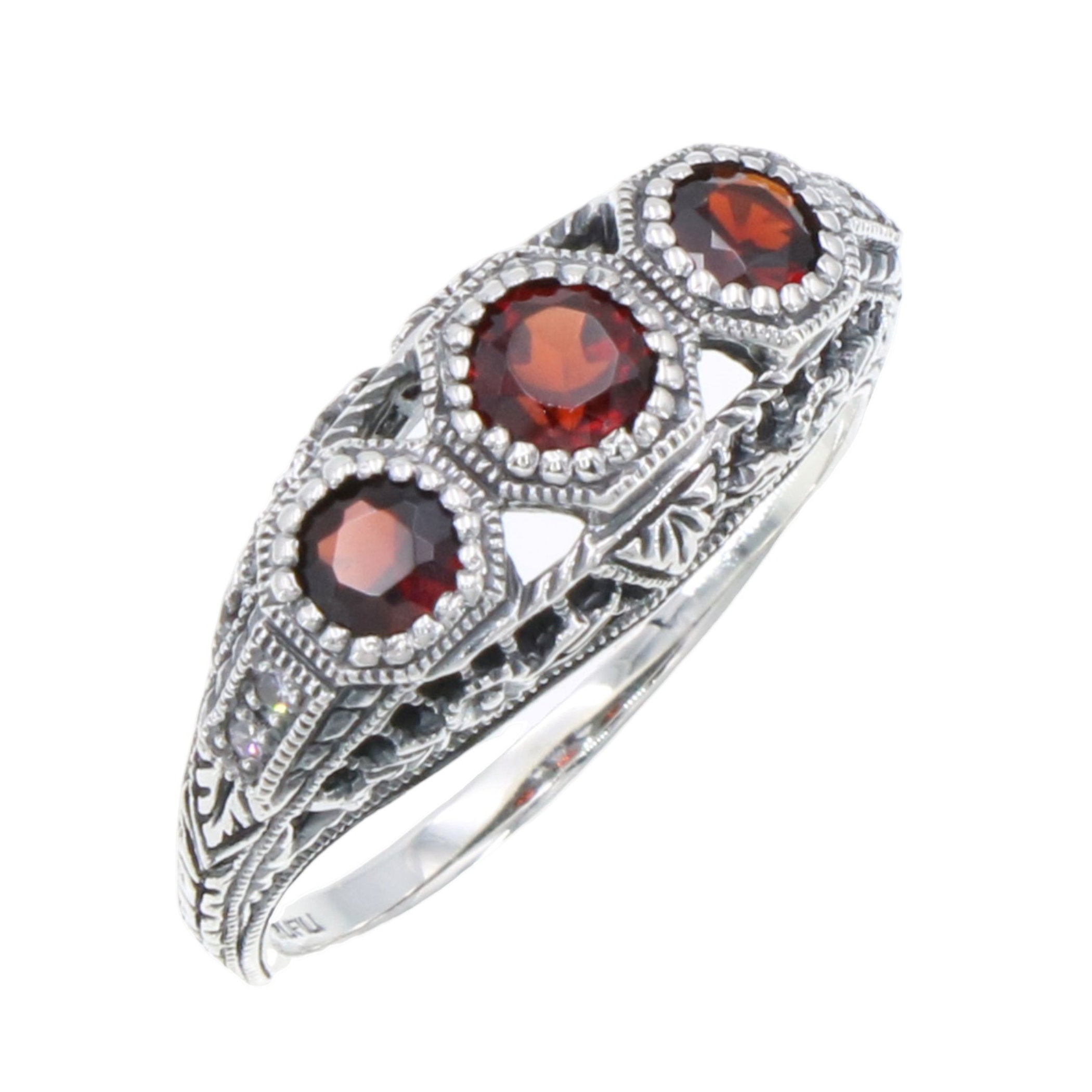 Art Deco style, Garnet, Diamond, sterling silver rings, front view