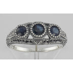 Detail view of Art Deco Style Blue Sapphire Filigree Ring w/ 4 Diamonds highlighting Sapphire, Diamond