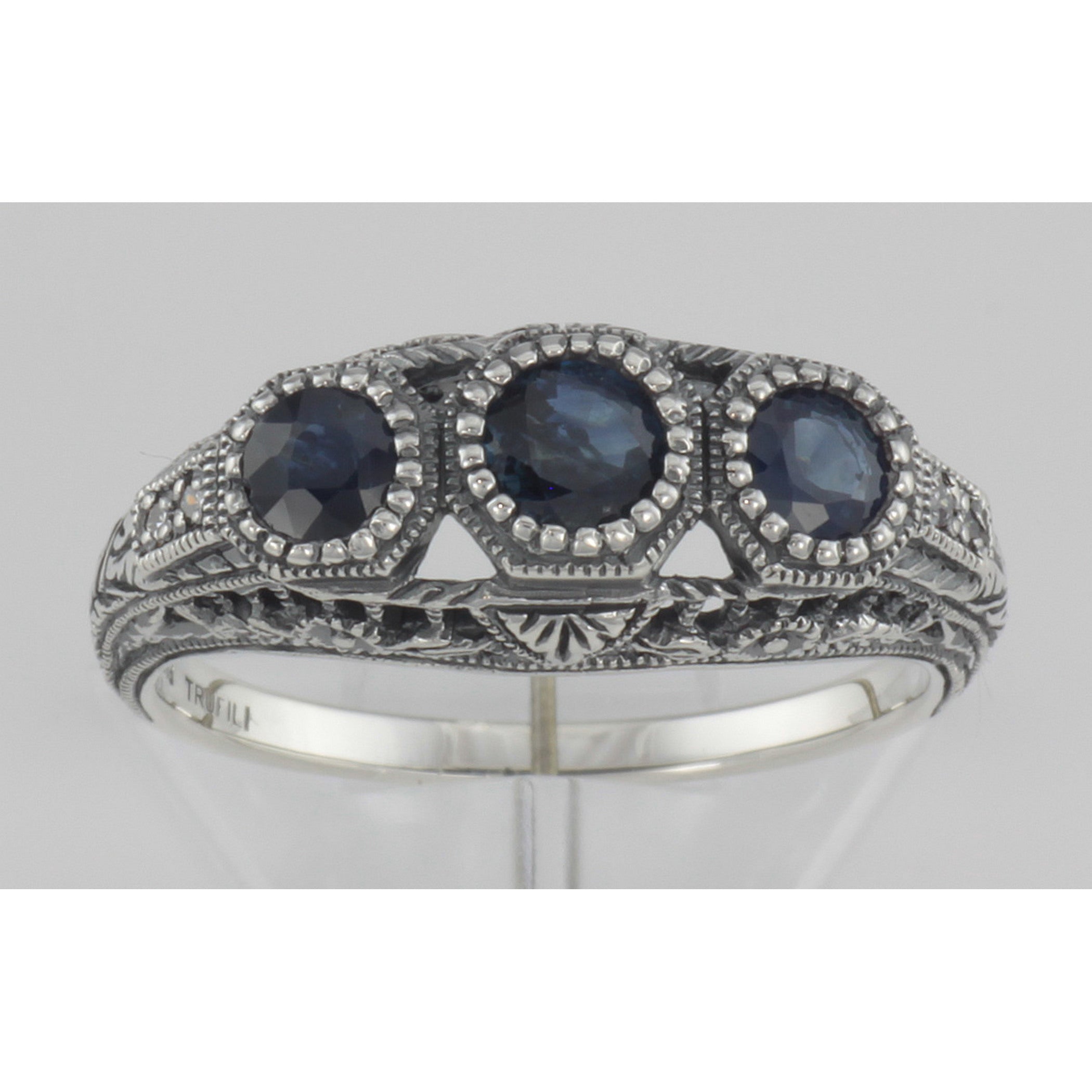 Detail view of Art Deco Style Blue Sapphire Filigree Ring w/ 4 Diamonds highlighting Sapphire, Diamond