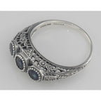Back view of Art Deco Style Blue Sapphire Filigree Ring w/ 4 Diamonds showing 925 sterling silver hallmark