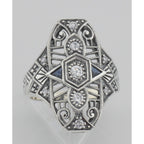 Detail view of Art Deco Style CZ / Genuine Sapphire Filigree Ring highlighting Sapphire, CZ