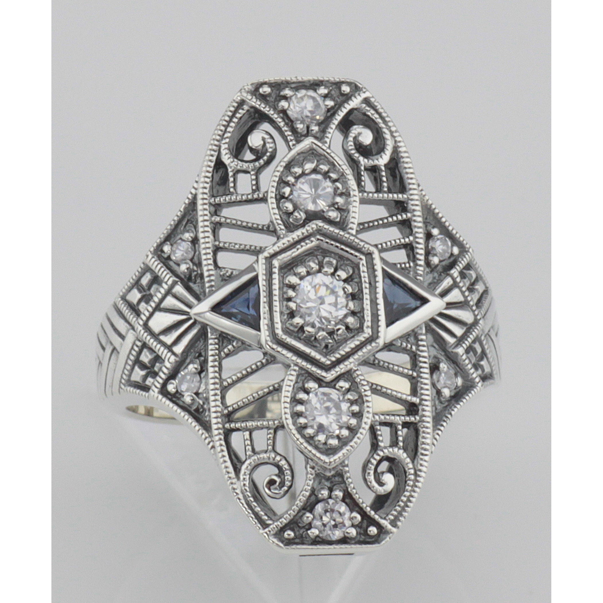Detail view of Art Deco Style CZ / Genuine Sapphire Filigree Ring highlighting Sapphire, CZ