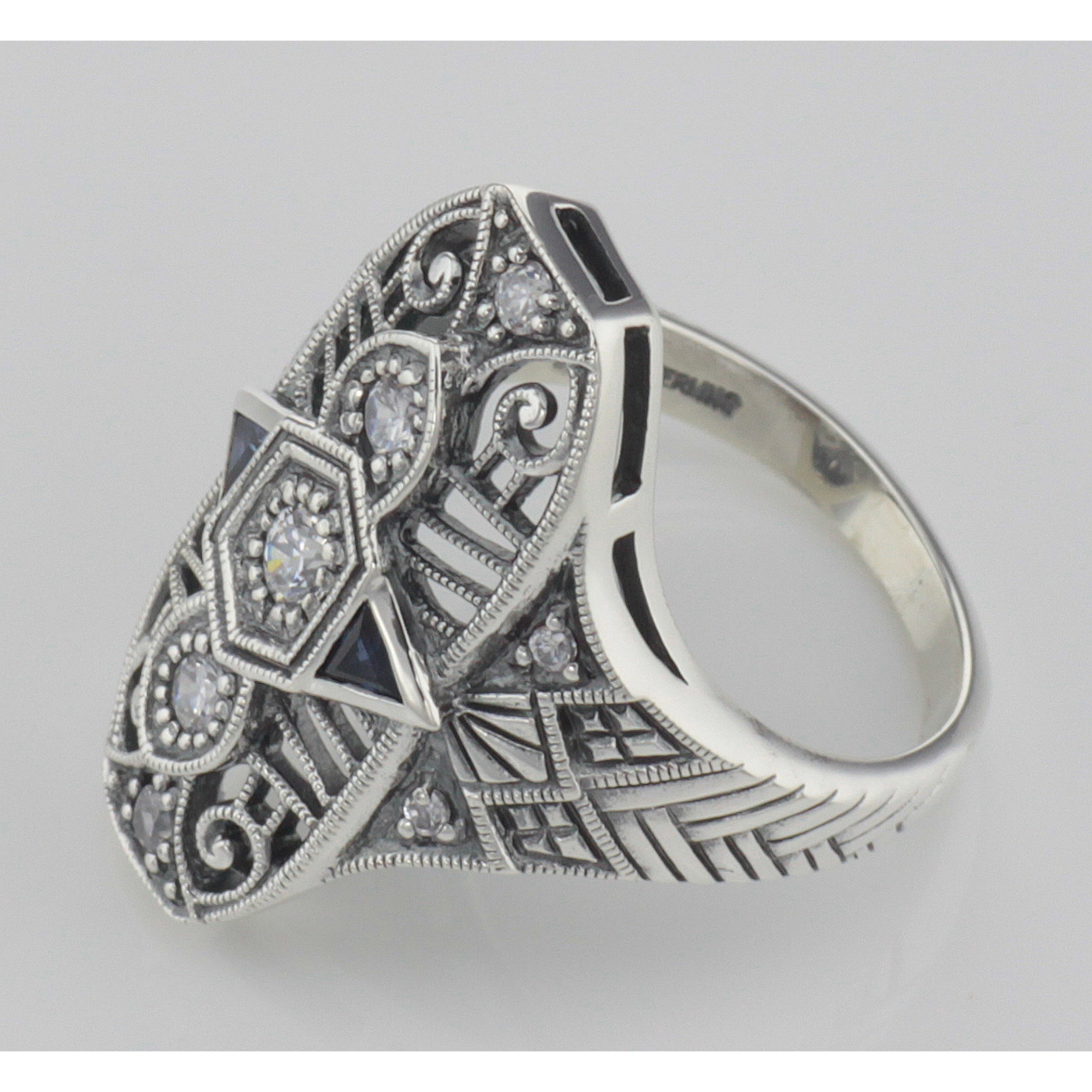 Back view of Art Deco Style CZ / Genuine Sapphire Filigree Ring showing 925 sterling silver hallmark