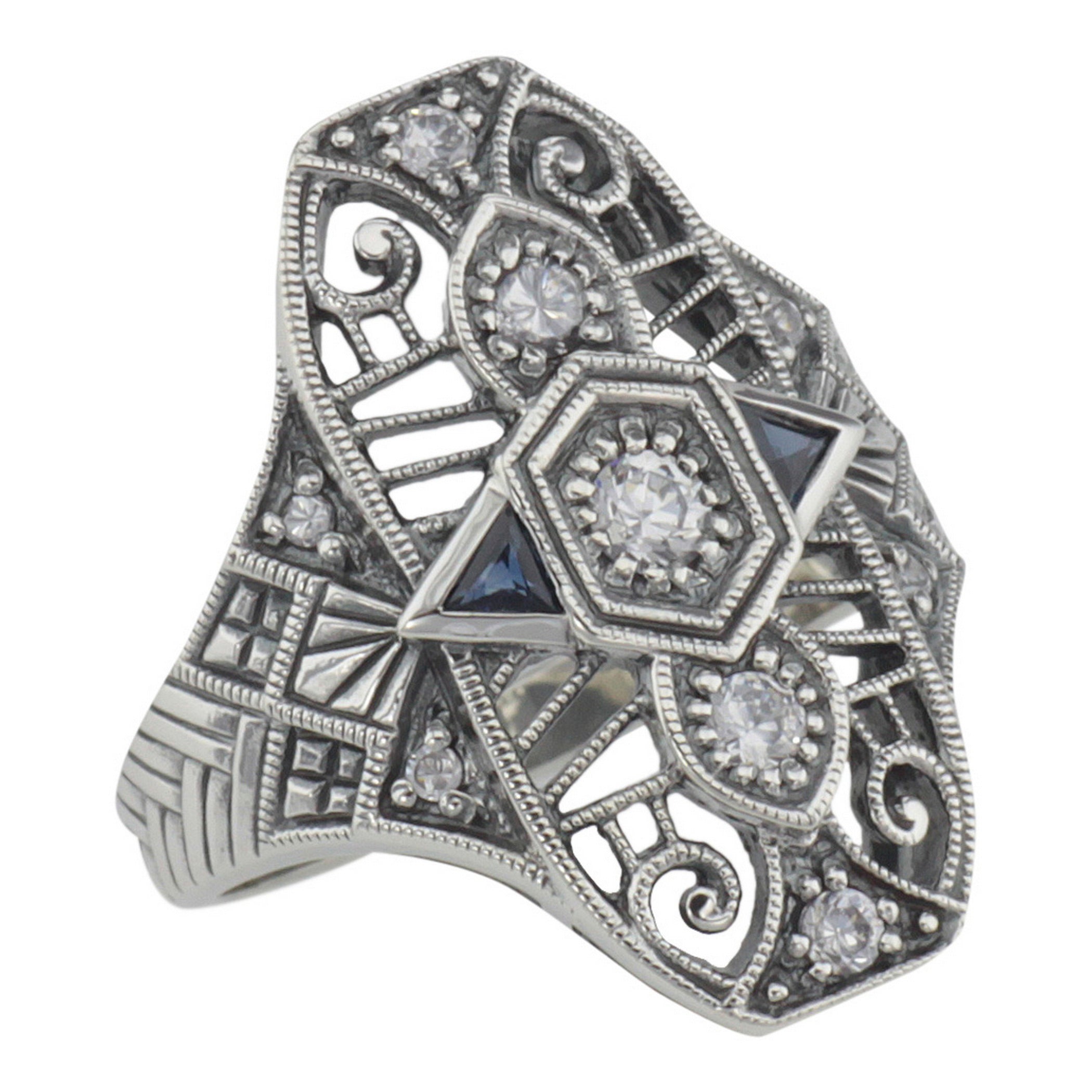 Art Deco style, Sapphire, CZ, sterling silver rings, front view