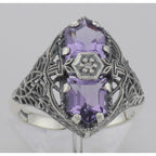 Detail view of Art Deco Style 2 Stone Amethyst and Diamond Filigree Ring Sterling Silver highlighting Amethyst, Diamond