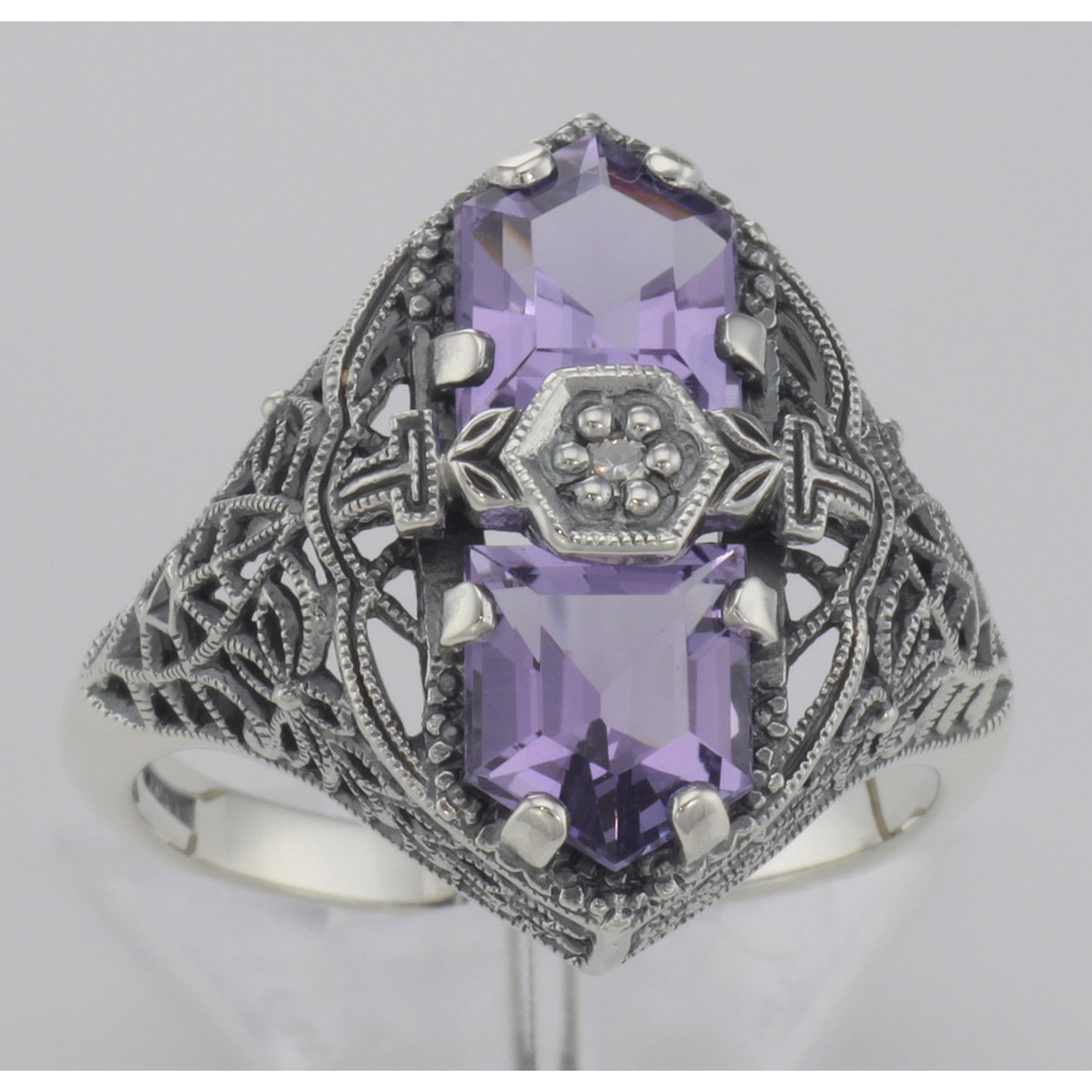 Detail view of Art Deco Style 2 Stone Amethyst and Diamond Filigree Ring Sterling Silver highlighting Amethyst, Diamond
