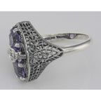 Back view of Art Deco Style 2 Stone Amethyst and Diamond Filigree Ring Sterling Silver showing 925 sterling silver hallmark