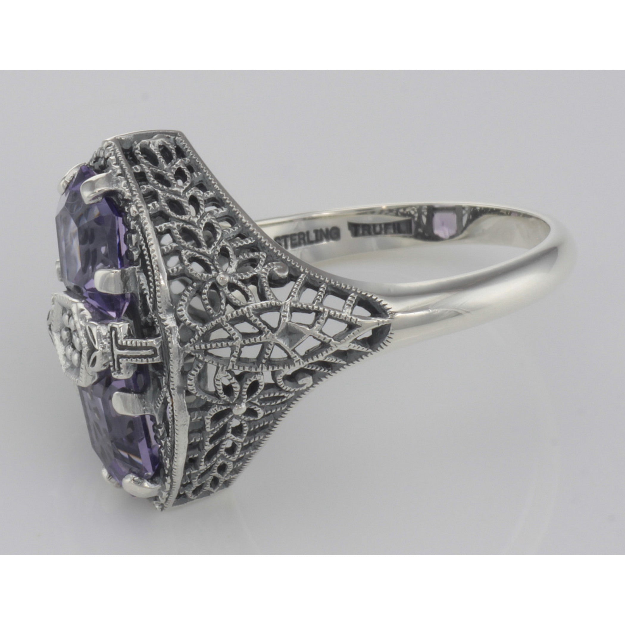 Back view of Art Deco Style 2 Stone Amethyst and Diamond Filigree Ring Sterling Silver showing 925 sterling silver hallmark