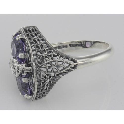 Back view of Art Deco Style 2 Stone Amethyst and Diamond Filigree Ring Sterling Silver showing 925 sterling silver hallmark